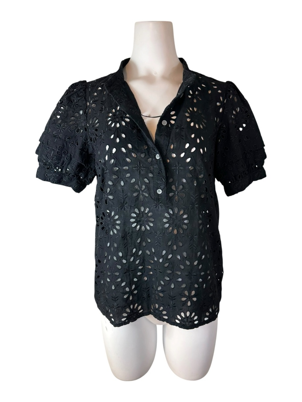 J.Crew Black Eyelet Lace Puff Sleeve Top Size Medium